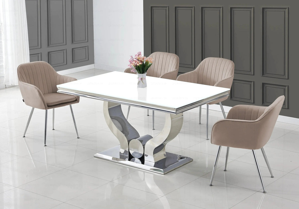 Ensemble table verre blanc et chaises argent | Juno