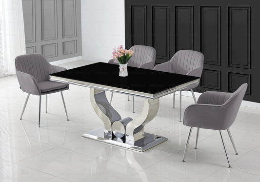 Ensemble table verre noir et chaises argent | Juno