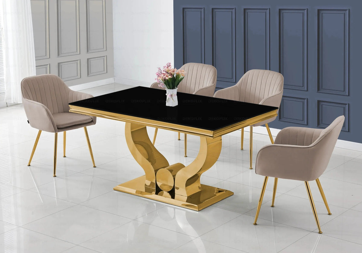 Ensemble table verre noir et chaises dorées | Juno
