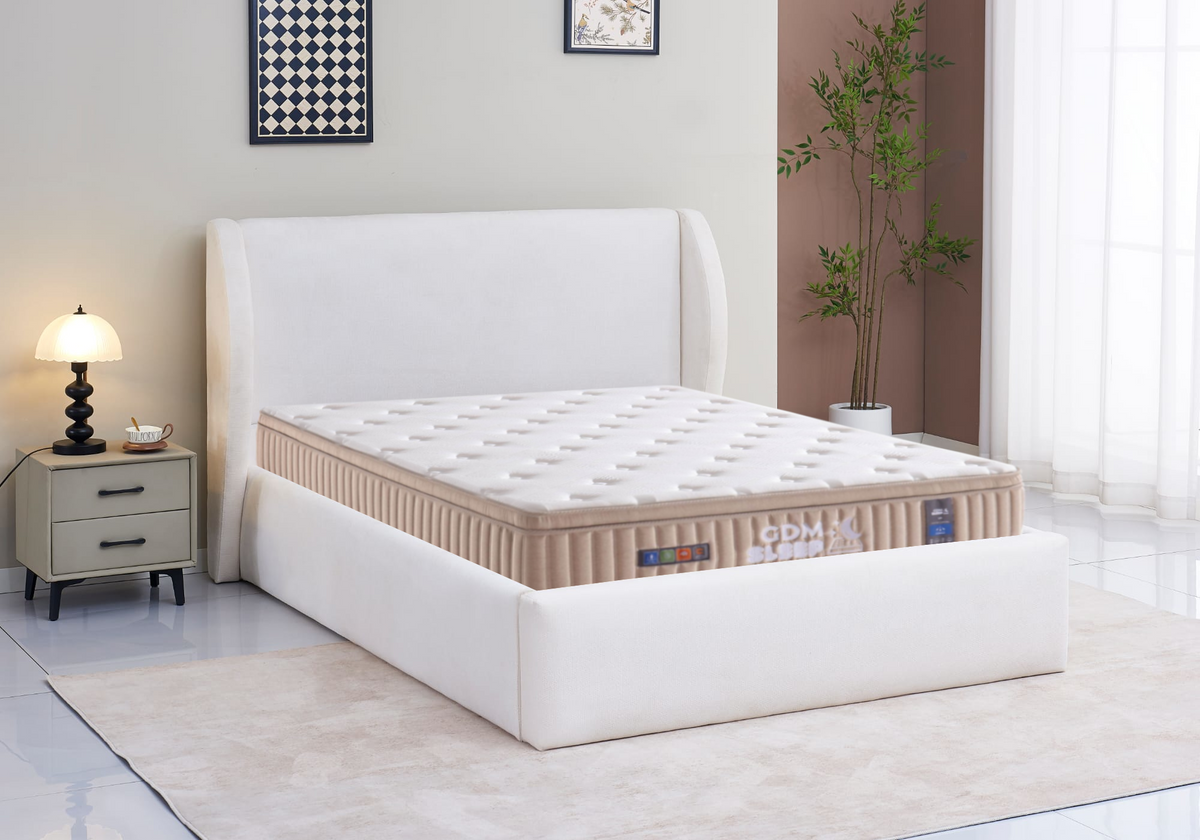Ensemble lit coffre beige avec matelas 30 cm | Prysm