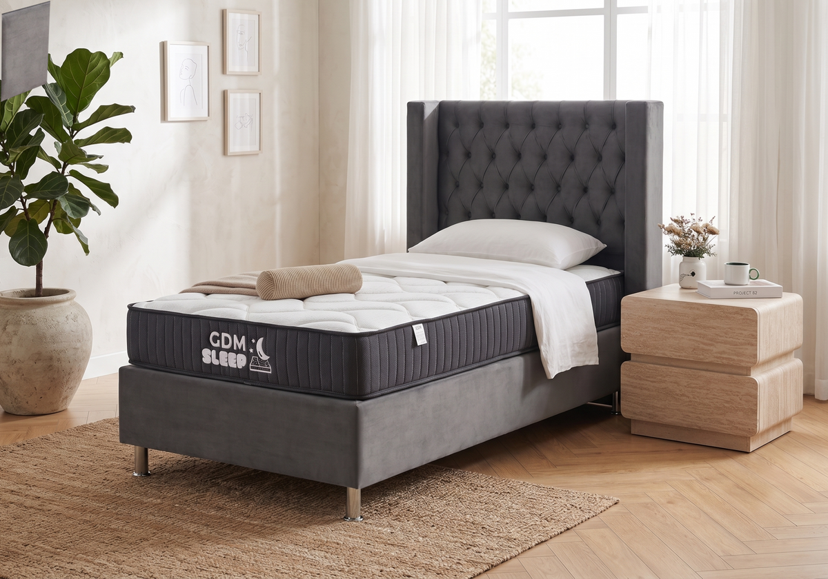 Ensemble lit coffre gris 90x190 et matelas ressorts | Zevo