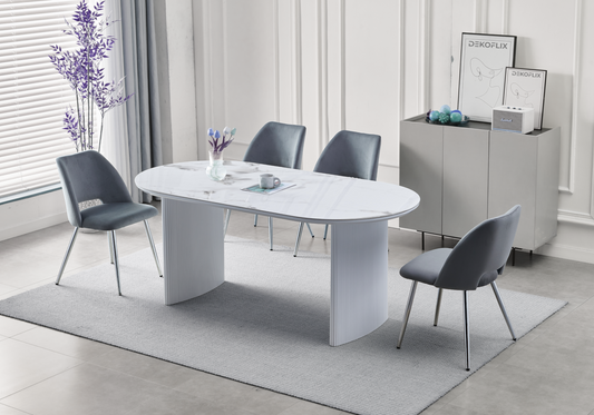 Ensemble table marbre beige et chaises argent | Zivo