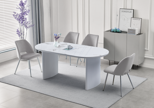 Ensemble table marbre beige et chaises argent | Zivo