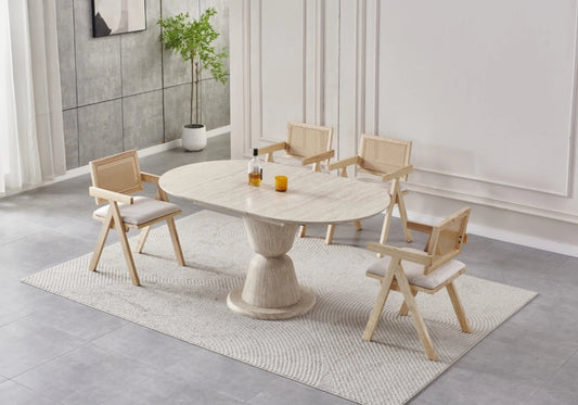 Table ronde extensible travertin et chaises cannage | Zyria