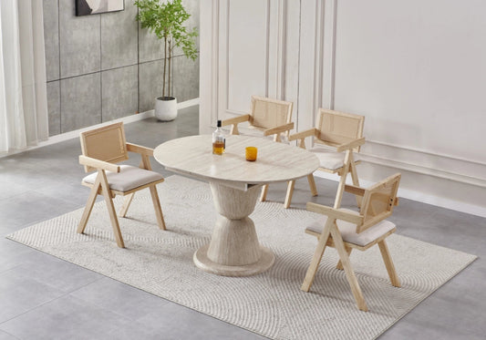 Table ronde extensible travertin et chaises cannage | Zyria