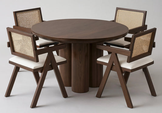 Ensemble table ronde noyer et chaises cannage | Zenth