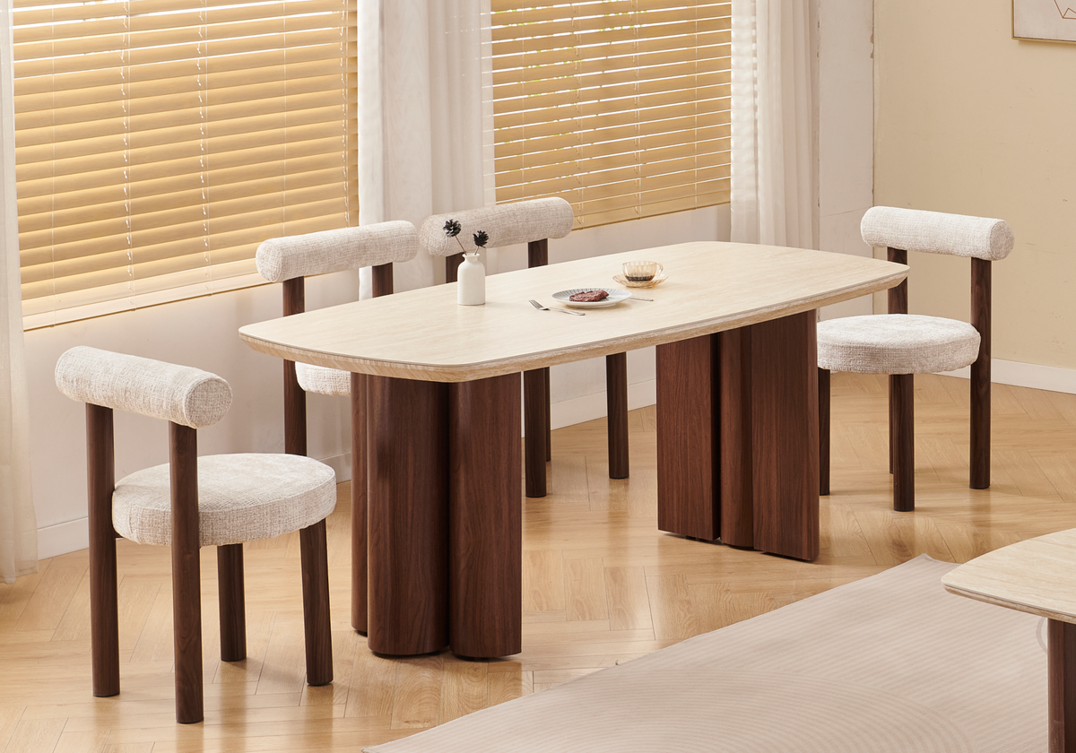 Salle à manger complète design travertin et noyer | Zelix