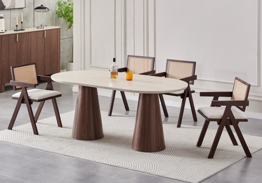 Ensemble table ovale travertin et 4 chaises noyer | Velix