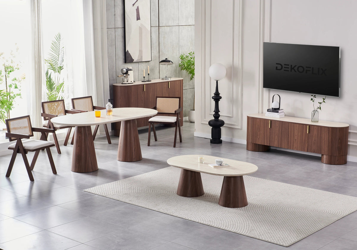Table basse ovale design noyer et travertin | Velix