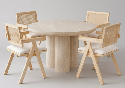 Ensemble table ronde travertin et 4 chaises cannage | Zenth