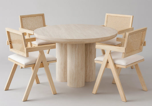 Ensemble table ronde travertin et 4 chaises cannage | Zenth