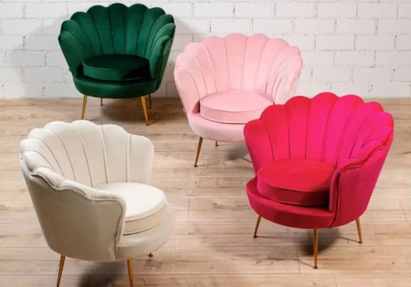 Fauteuil coquillage en rose et pieds dorés | Zelix