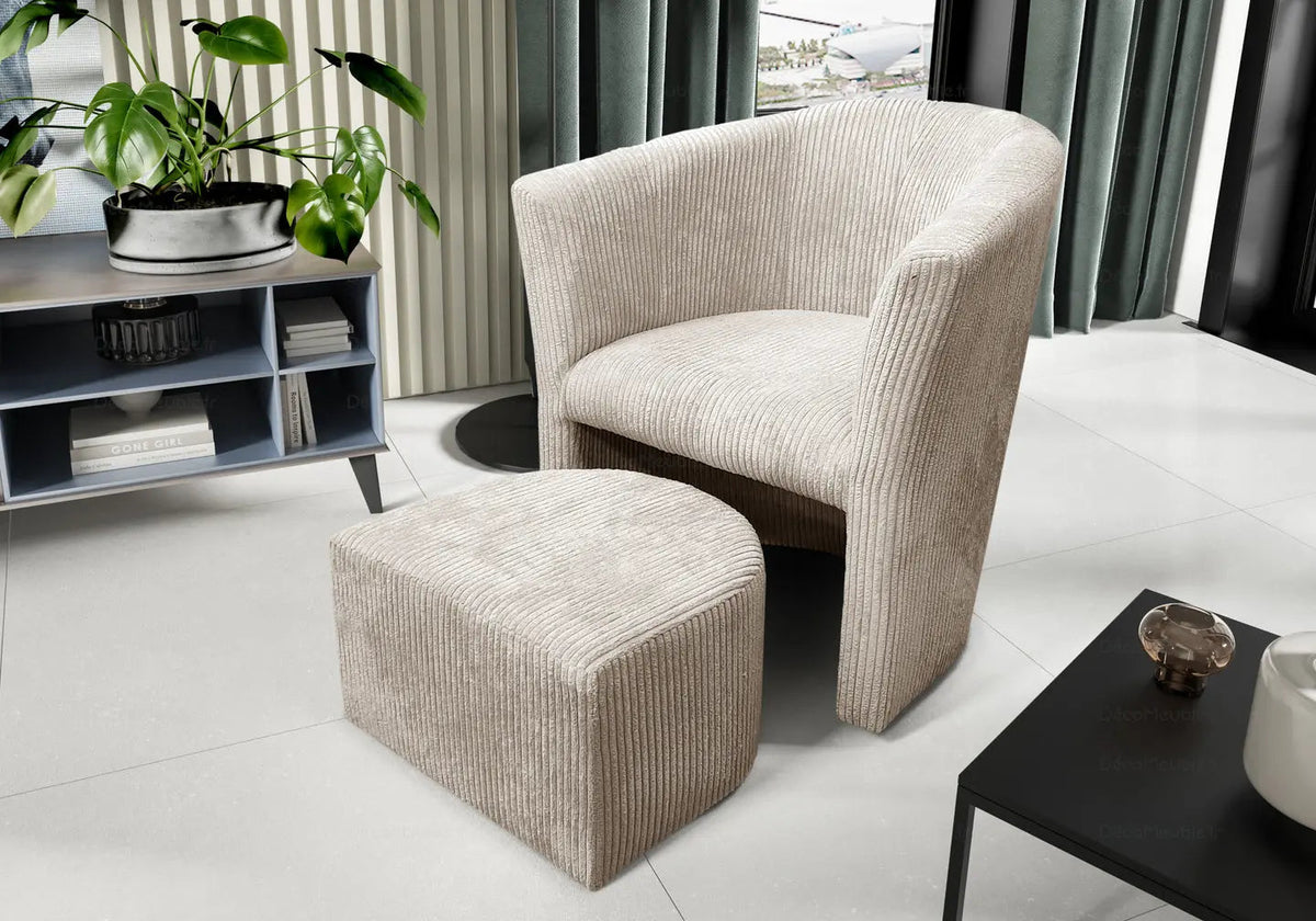 Petit fauteuil de salon velours côtelé écru | Kivio