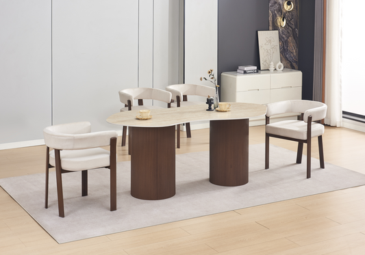 Lot de 4 fauteuils de table beige et noyer | Vexis