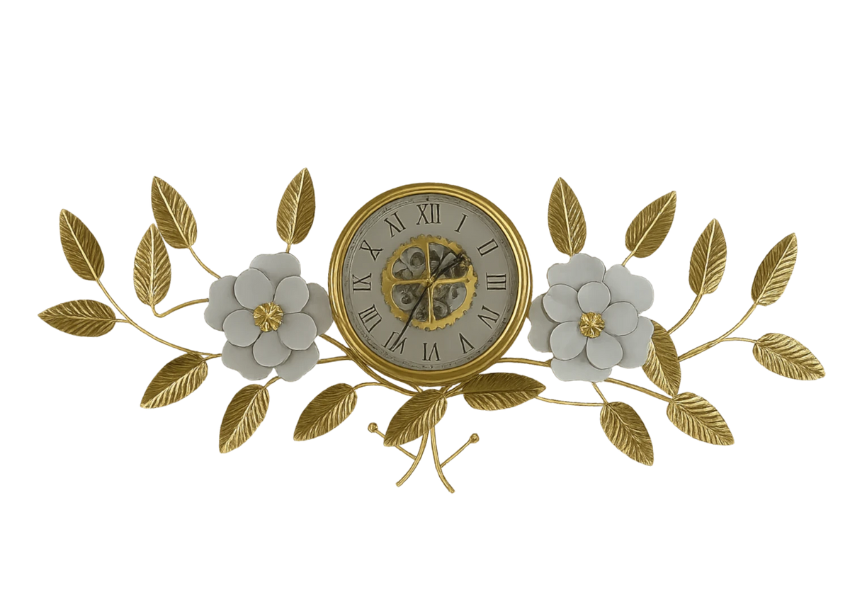 Horloge murale silencieuse fleur dorée et blanche | Vexta