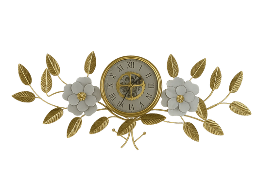 Horloge murale silencieuse fleur dorée et blanche | Vexta