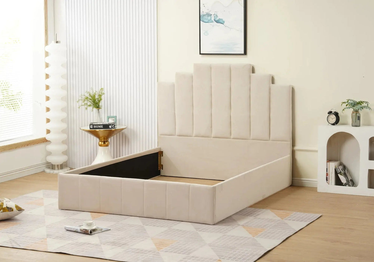 Lit double capitonné en beige élégant | Zynto