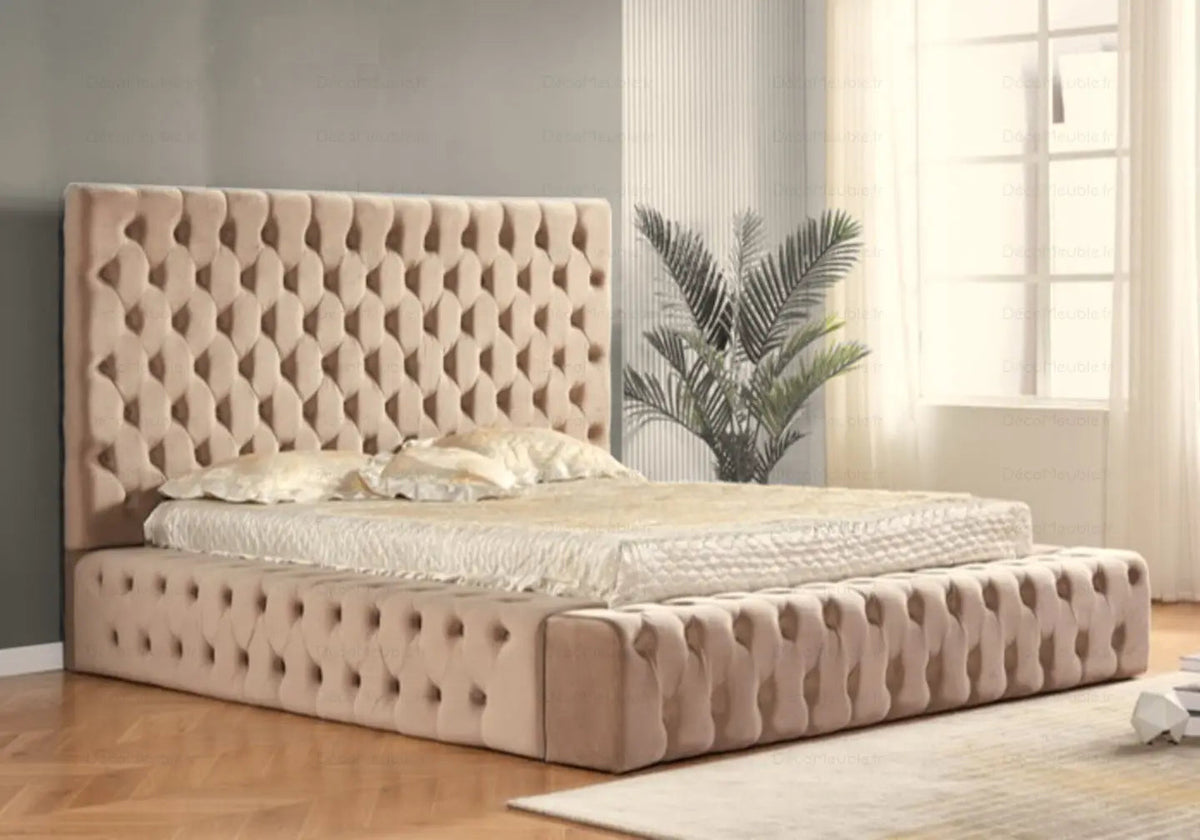 Lit double xl capitonné en moka chesterfield | Zyra