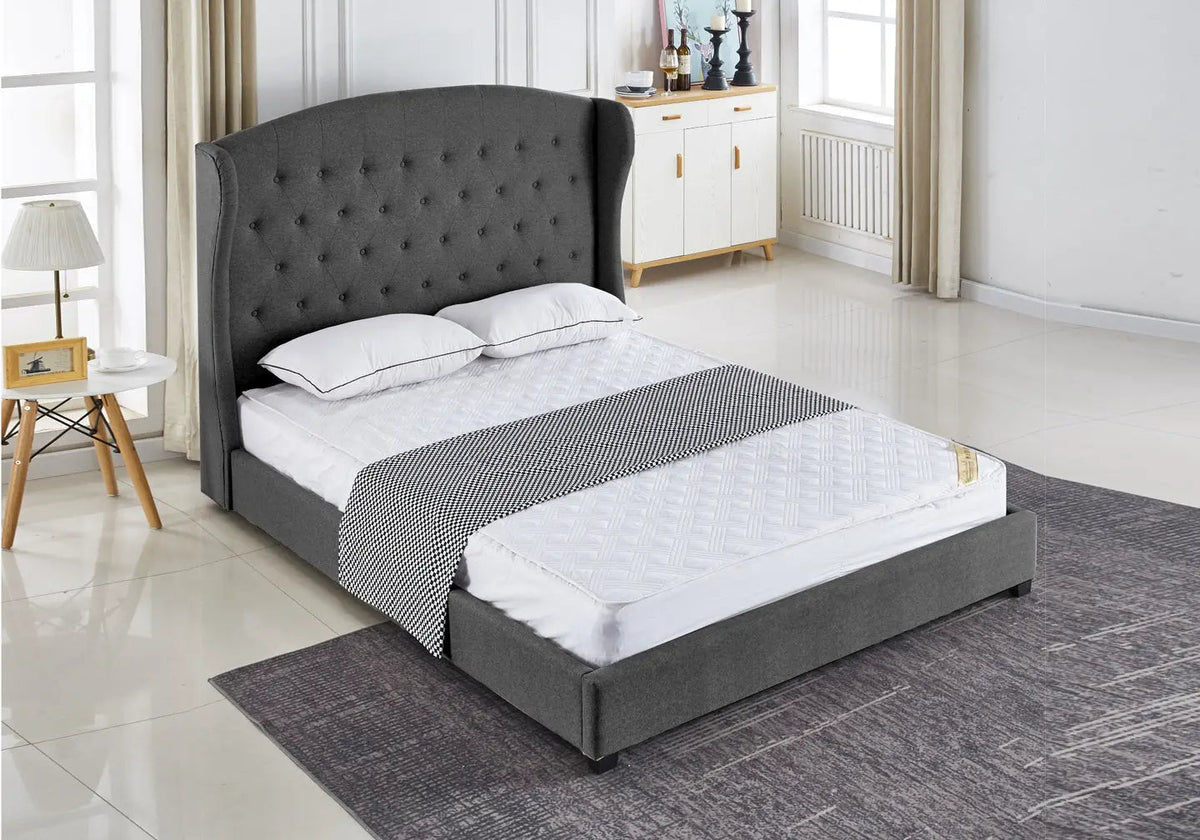 Lit double capitonné tissu gris style chesterfield | Rhea
