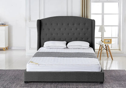 Lit double capitonné tissu gris style chesterfield | Rhea