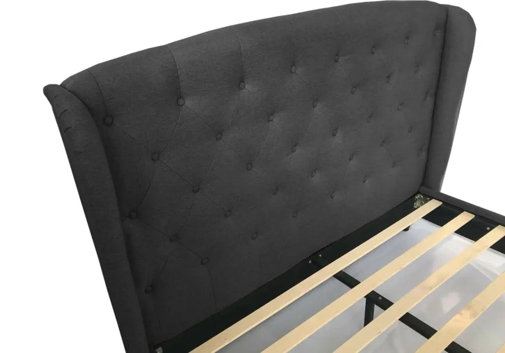 Lit double capitonné tissu gris style chesterfield | Rhea