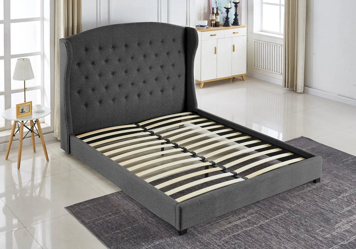 Lit double capitonné tissu gris style chesterfield | Rhea