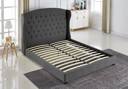 Lit double capitonné tissu gris style chesterfield | Rhea