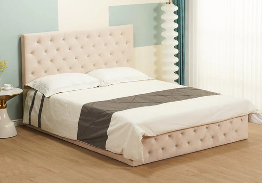 Lit coffre capitonné beige pour chambre à coucher | Zelar