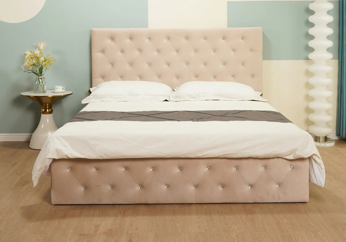 Lit coffre capitonné beige pour chambre à coucher | Zelar