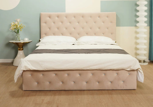 Lit coffre capitonné beige pour chambre à coucher | Zelar