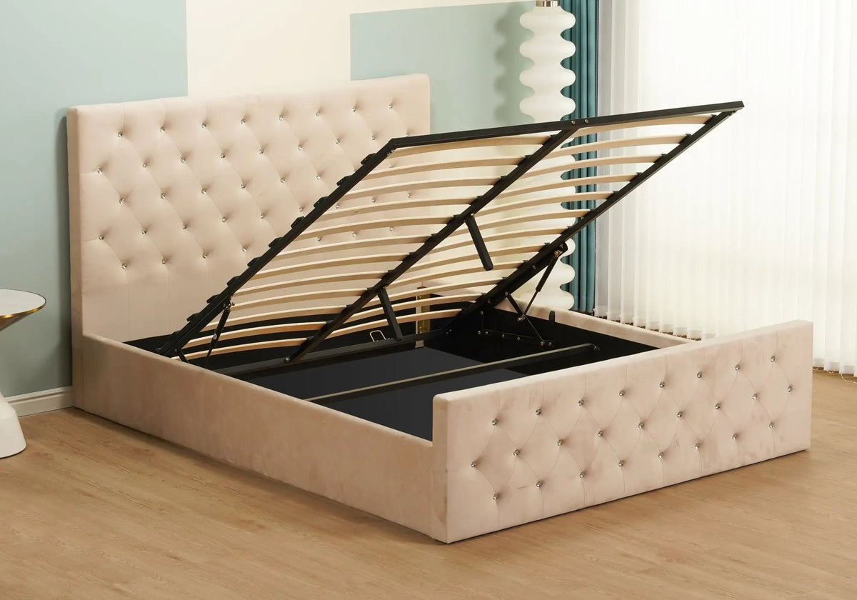 Lit coffre capitonné beige pour chambre à coucher | Zelar