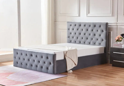 Lit coffre capitonné gris avec sommier relevable | Zelar