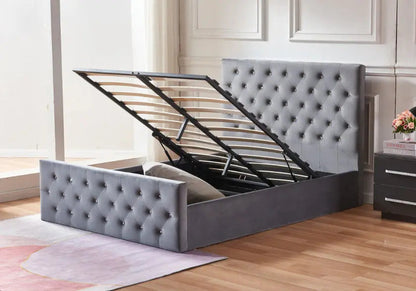 Lit coffre capitonné gris avec sommier relevable | Zelar