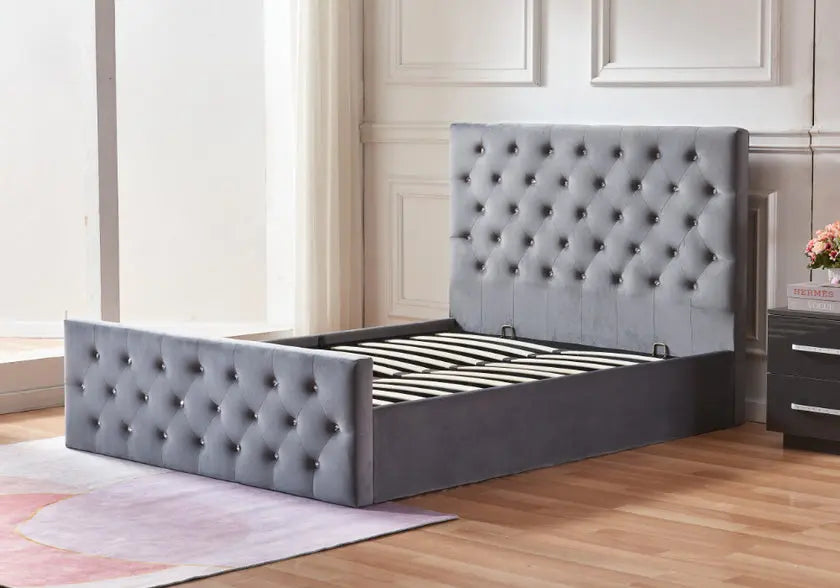 Lit coffre capitonné gris avec sommier relevable | Zelar