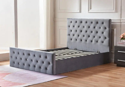 Lit coffre capitonné gris avec sommier relevable | Zelar