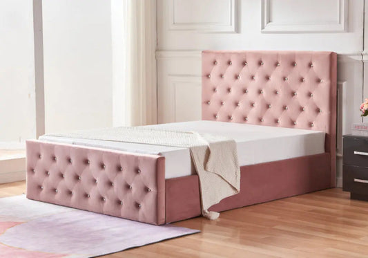 Lit coffre capitonné rose avec espace de rangement | Zelar