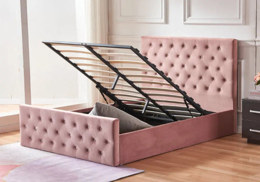Lit coffre capitonné rose avec espace de rangement | Zelar