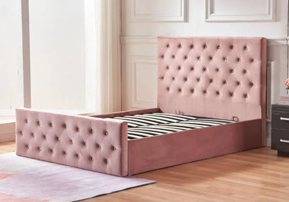 Lit coffre capitonné rose avec espace de rangement | Zelar