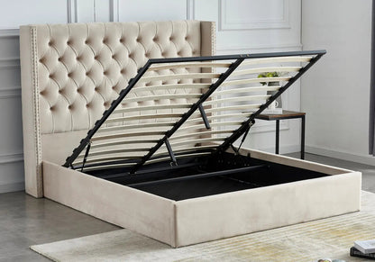 Lit coffre de rangement capitonné beige | Velar