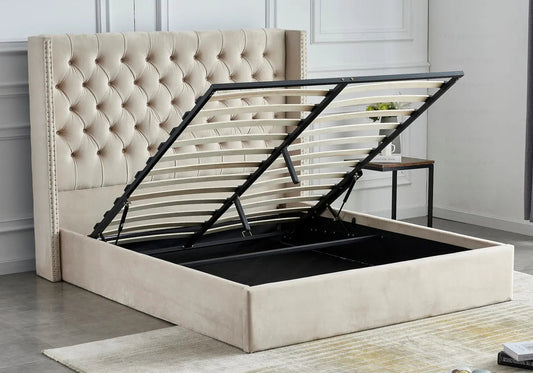 Lit coffre de rangement capitonné beige | Velar