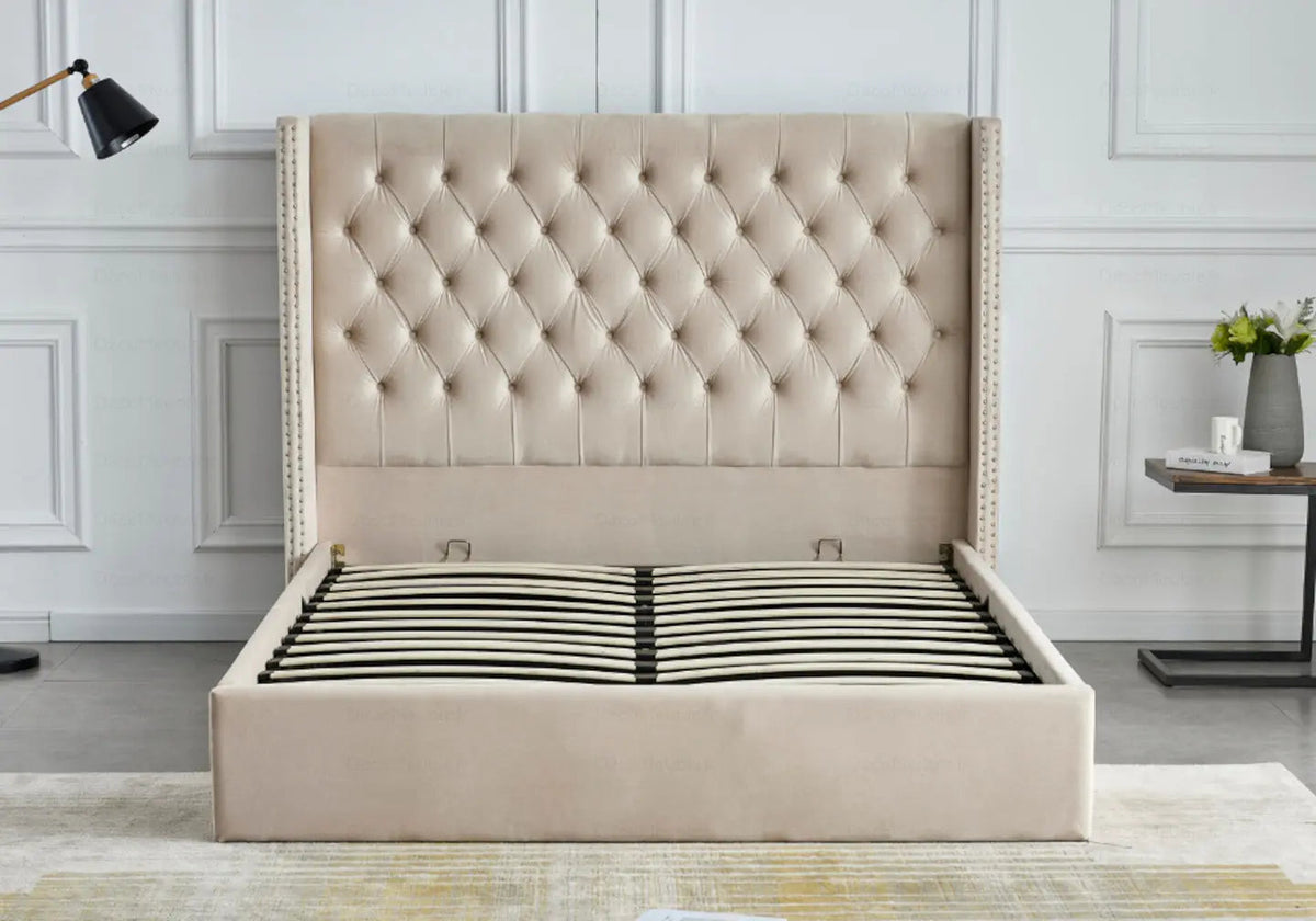 Lit coffre de rangement capitonné beige | Velar