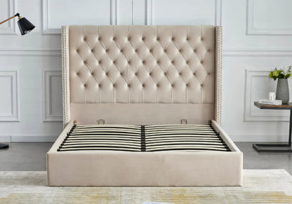 Lit coffre de rangement capitonné beige | Velar