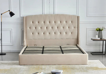 Lit coffre capitonné en beige avec rangement | Nico
