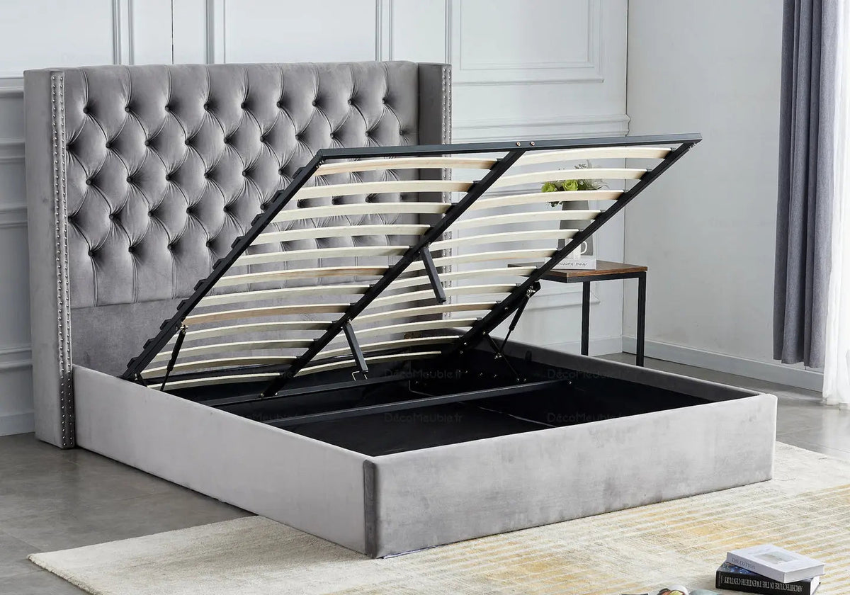 Lit coffre capitonné en gris avec rangement | Velar