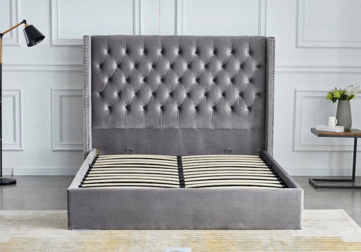 Lit coffre capitonné en gris avec rangement | Velar