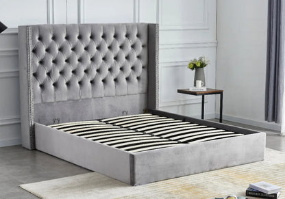 Lit coffre capitonné en gris avec rangement | Velar