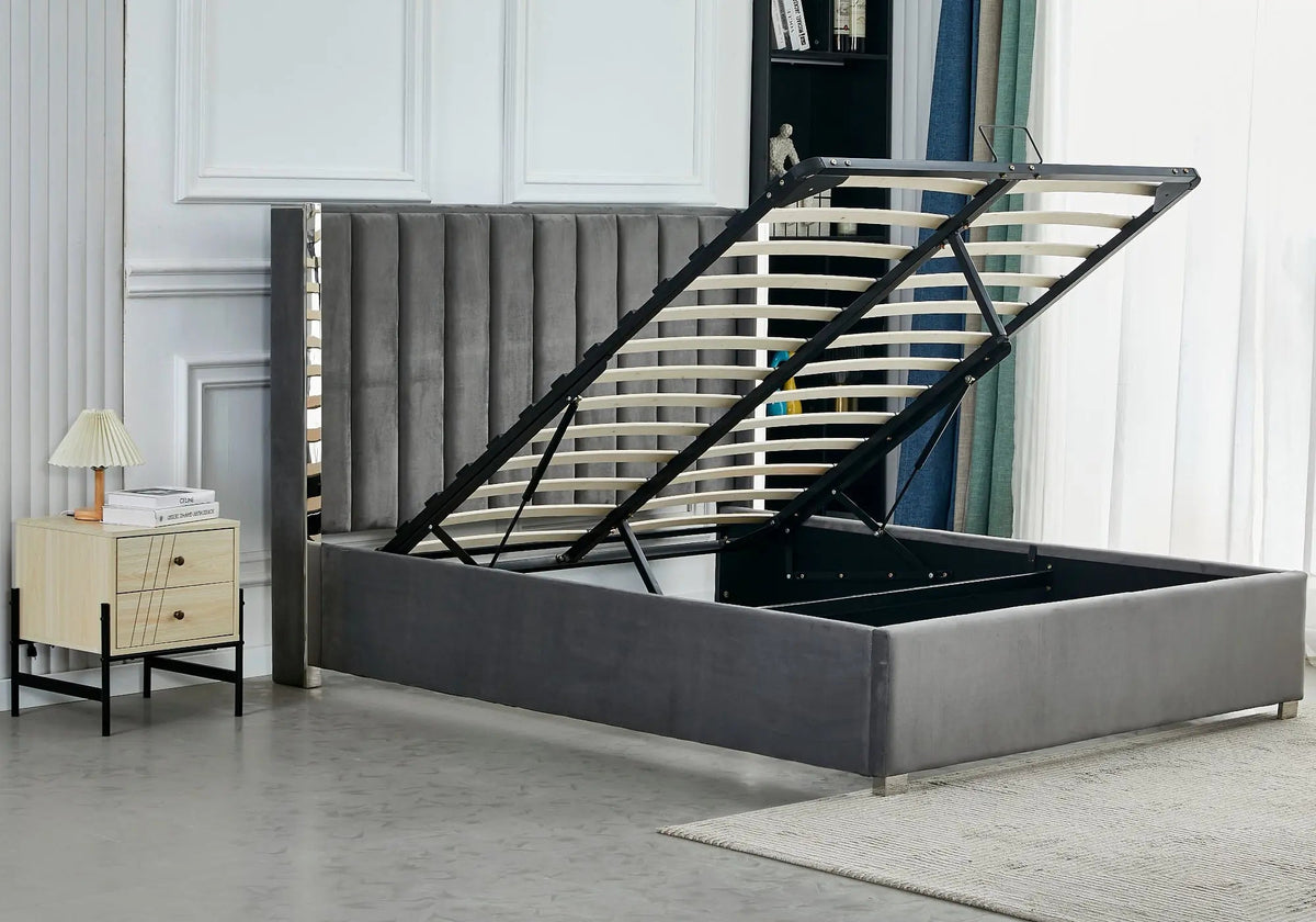Ensemble lit coffre gris argenté et matelas ressorts | Zyra