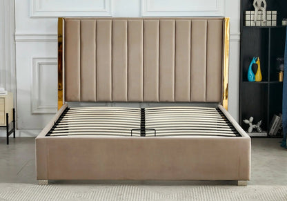 Ensemble lit coffre taupe doré et matelas ressorts | Zyra