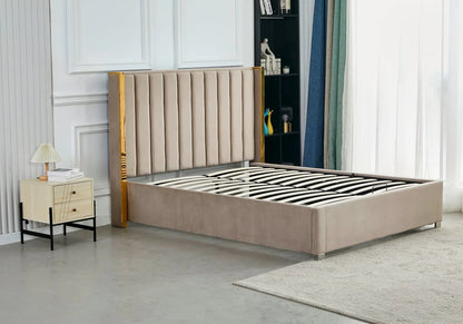 Ensemble lit coffre taupe doré et matelas ressorts | Zyra