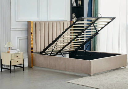 Ensemble lit coffre taupe doré et matelas ressorts | Zyra